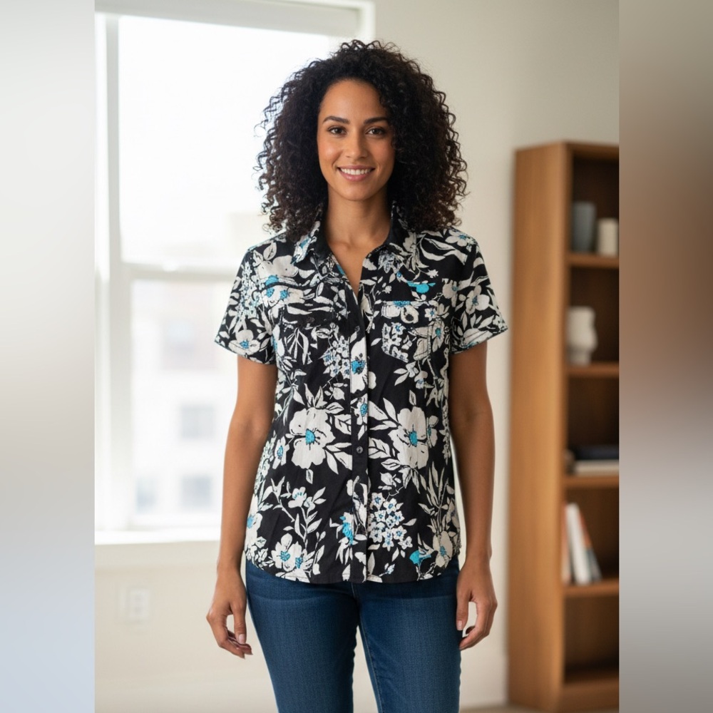 Oleg Cassini Weekend Floral Button Down Blouse Medium Black Blue Cotton - Picture 2 of 12